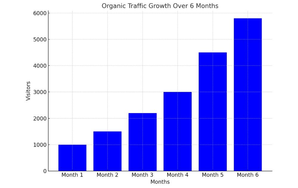 Bar chart showing organic traffic growth over 6 months, with a steady increase from 1,000 visitors in Month 1 to 5,800 visitors by Month 6.