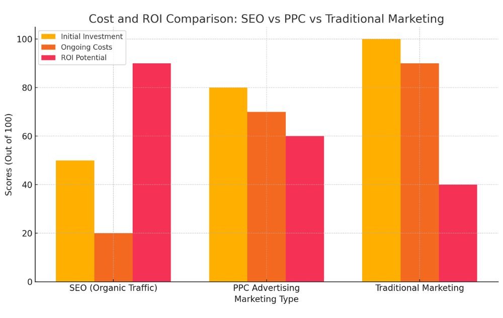 Bar chart showing a comparison of initial investment, ongoing costs, and ROI potential for SEO, PPC, and traditional marketing.