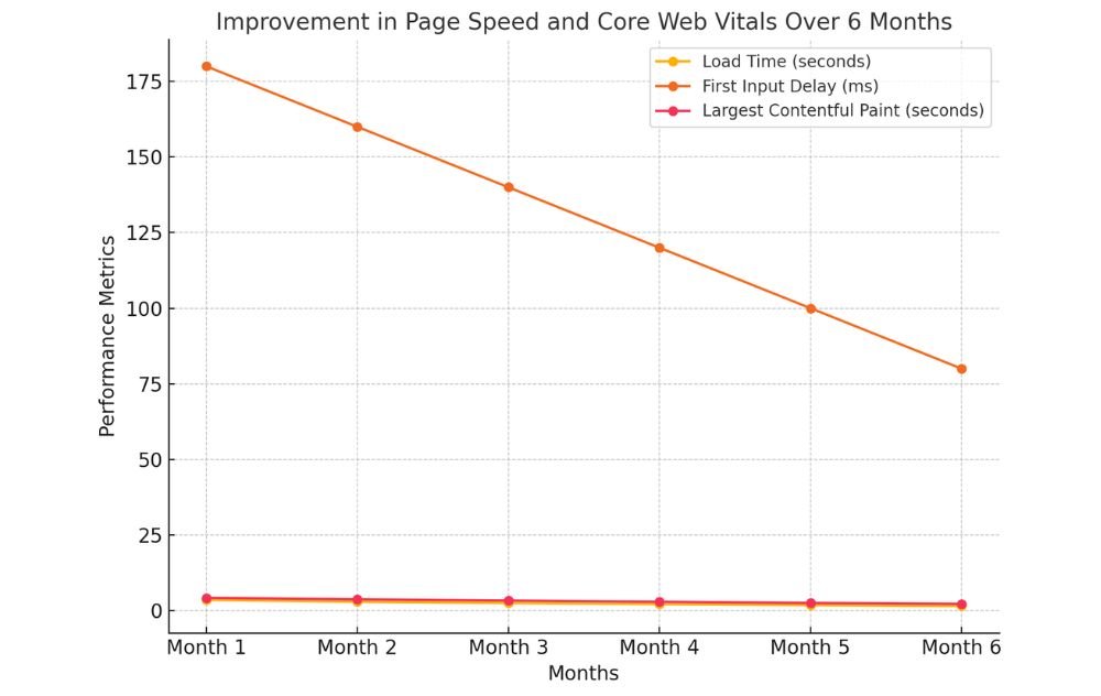 Line chart showing the improvement in page load time, First Input Delay (FID), and Largest Contentful Paint (LCP) over 6 months, with load time improving from 3.5 seconds to 1.5 seconds, FID from 180ms to 80ms, and LCP from 4.2 seconds to 2.2 seconds.